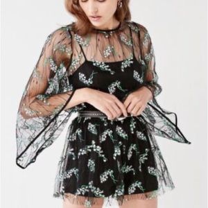 Urban Outfitters Black White Green Embroidered Floral Sheer Romper